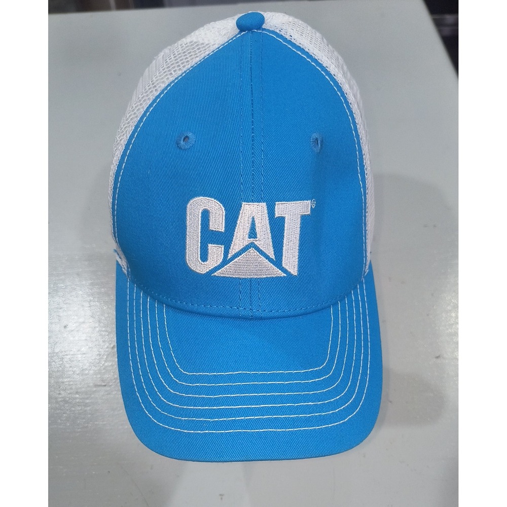 Caterpillar CAT Logo Trucker Hat Light Blue White Mesh Snapback Baseball Cap